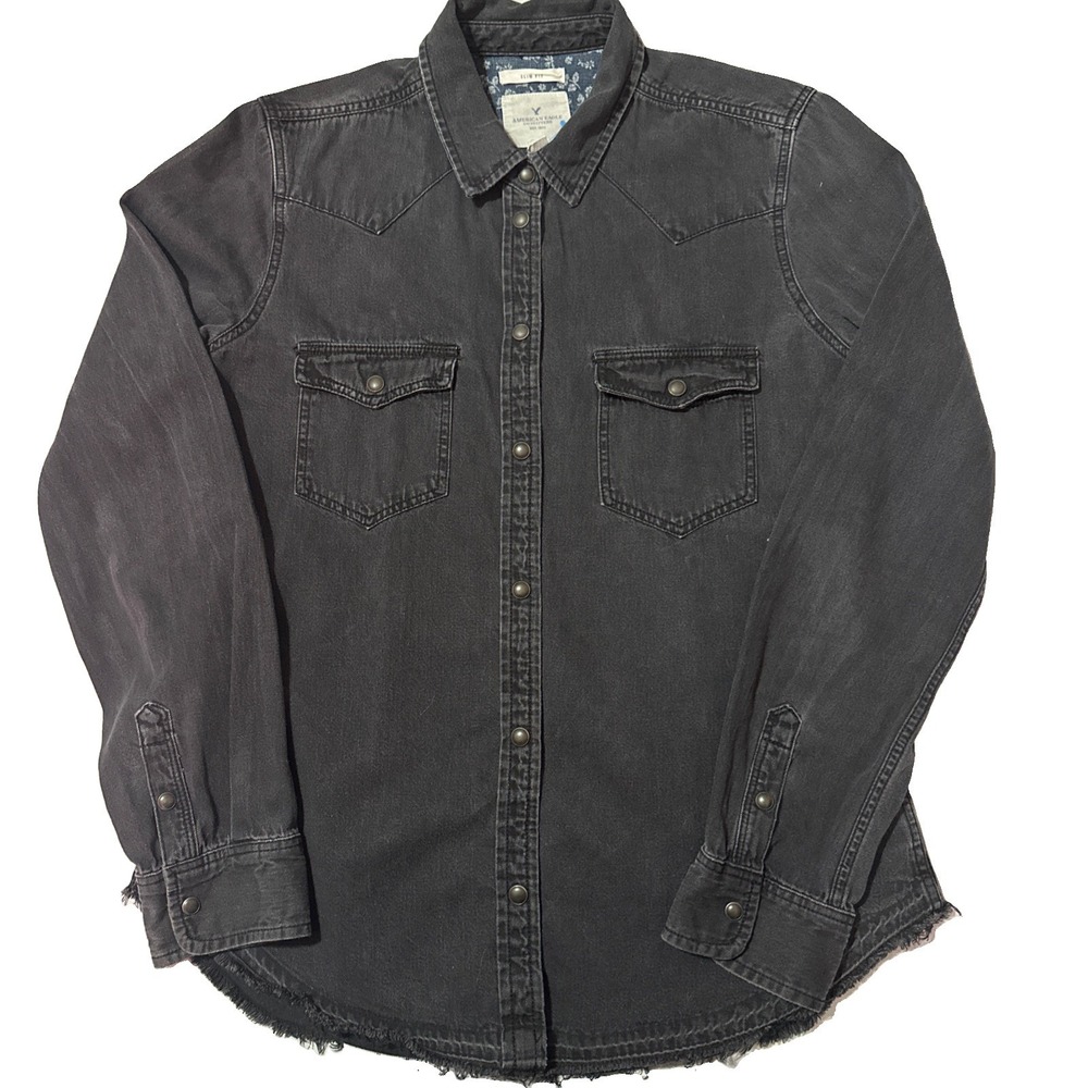 American Eagle  Sz Small Denim Shirt Black Dark Western Rock Long Sleeve !